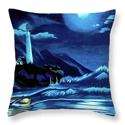 Lighthouse Moonlit Sky - Throw Pillow