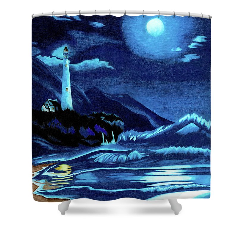 Lighthouse Moonlit Sky - Shower Curtain